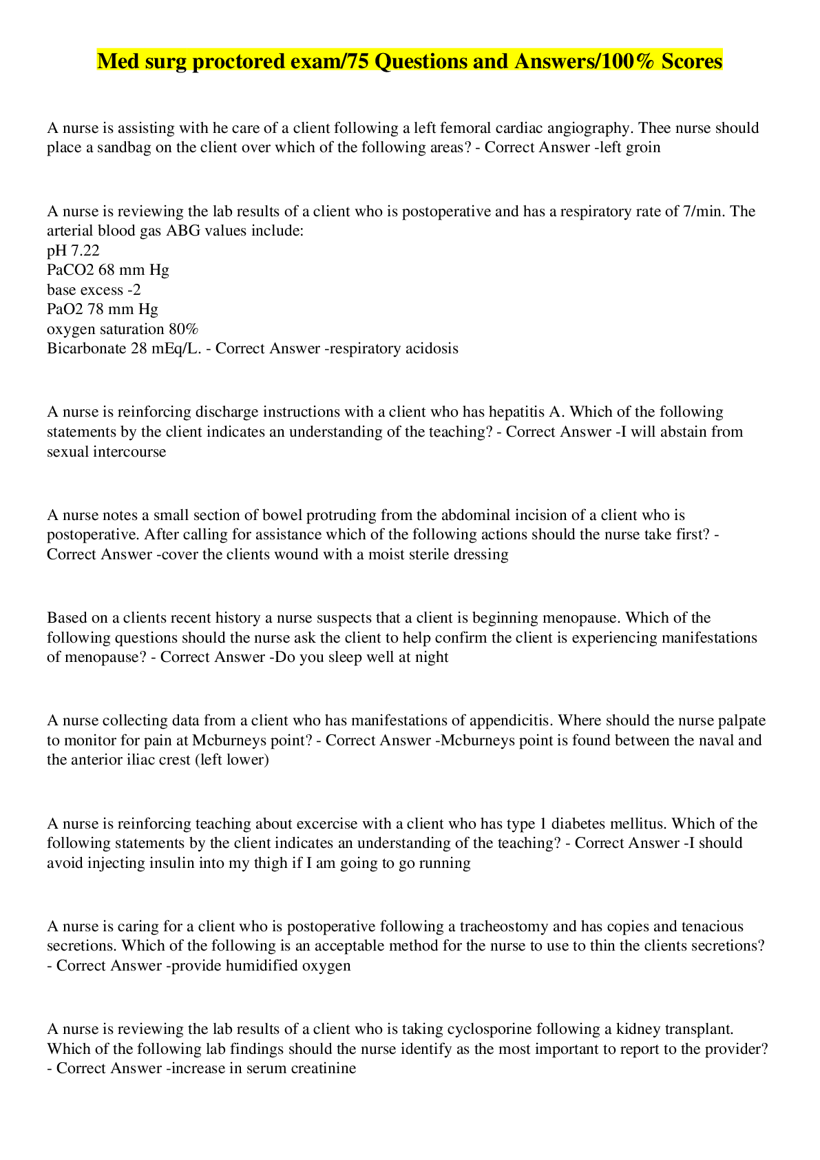Preview image for Med surg proctored exam/75 Questions and Answers/100% Scores